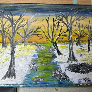 Sunset Winter Landscape Painting with Gray and Green Accents